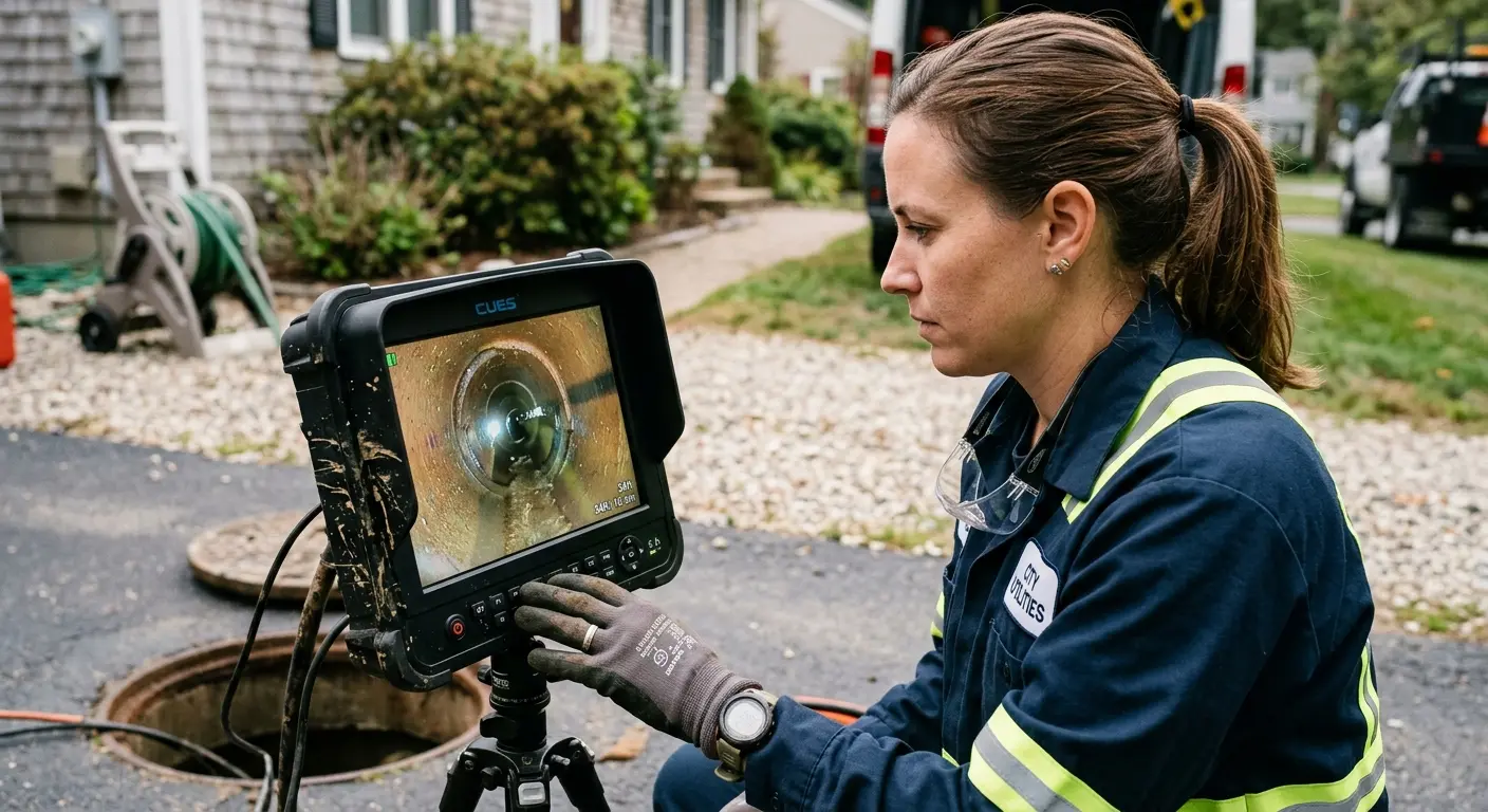 Technician reviewing sewer camera inspection footage in Fort Carson
