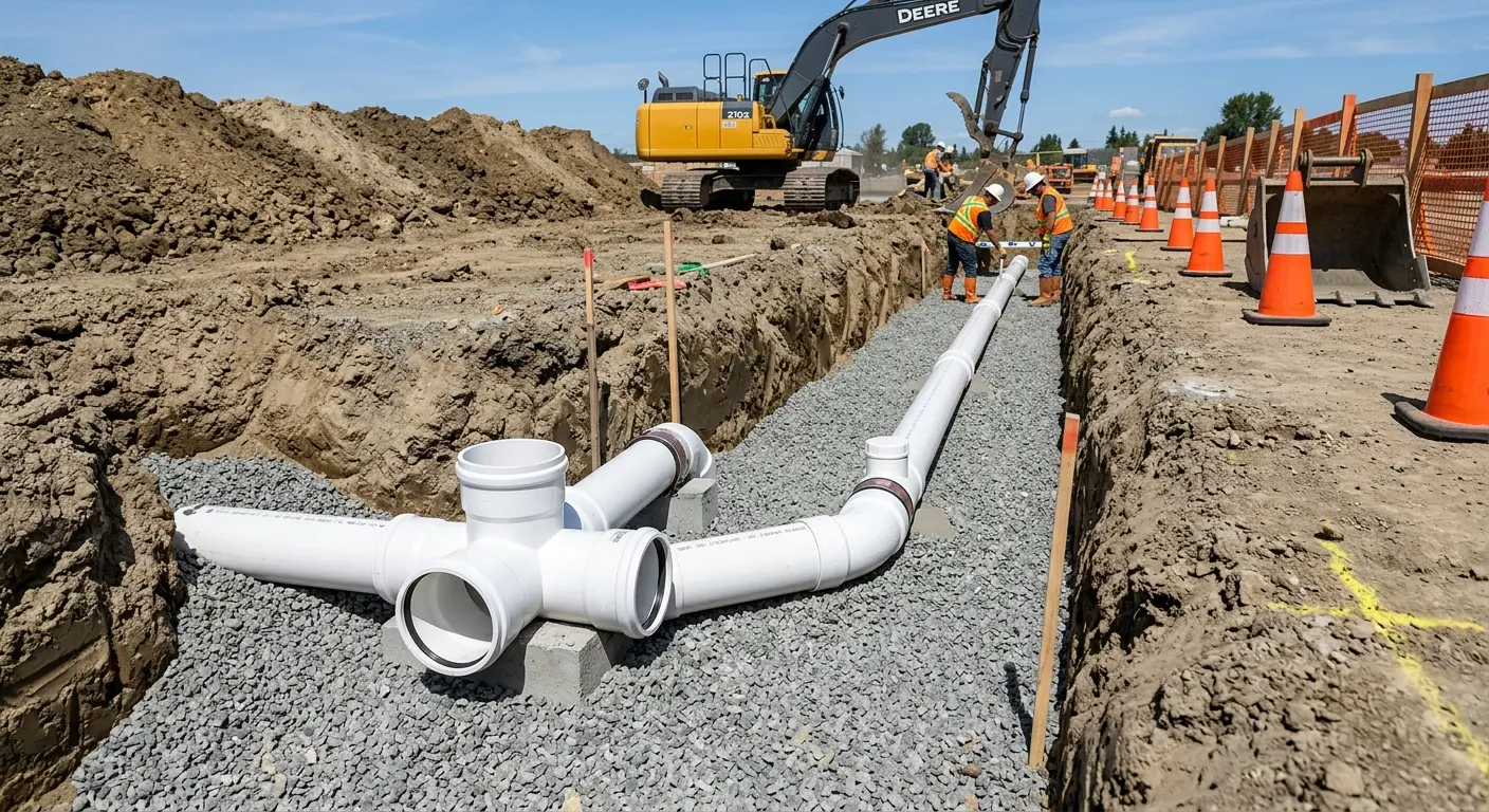 New PVC sewer pipe installation in open trench for Sewer Backup in Fort Carson
