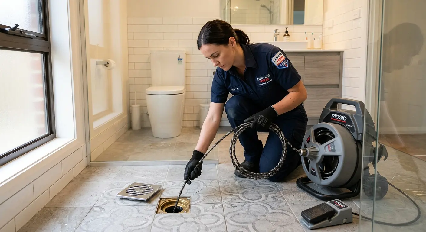 Technician clearing a bathroom floor drain for Drain Repair in Fort Carson